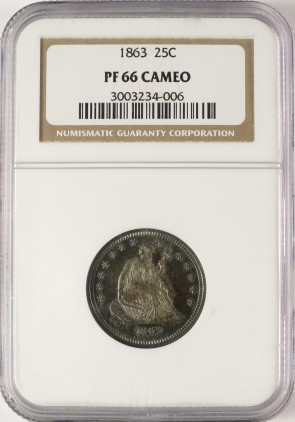 1863 25C PR66 Cameo NGC. Briggs 4-D